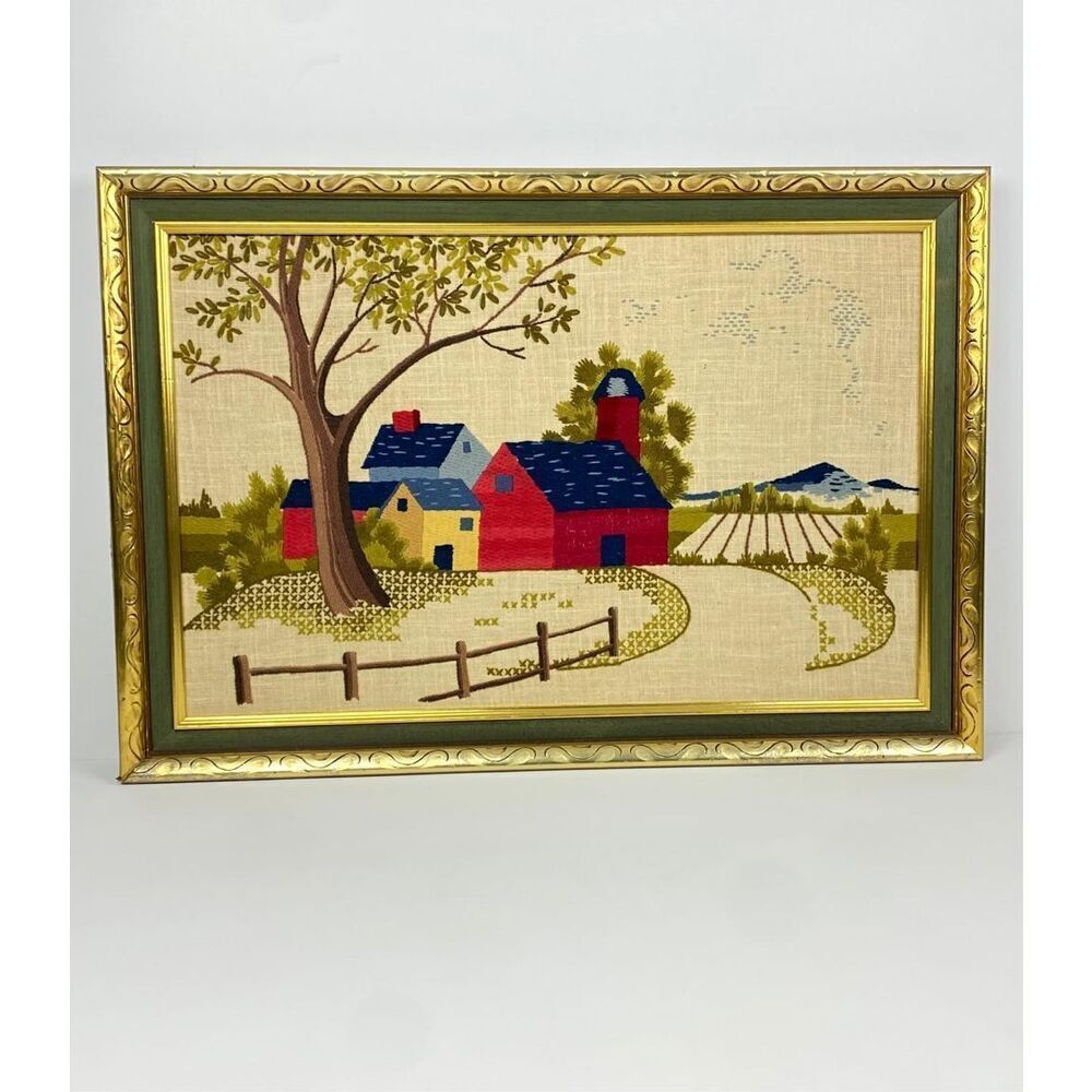 Vtg 1970 Needlepoint Cross Stitch Framed Country Farm Decor Cabin 23x33 in Large